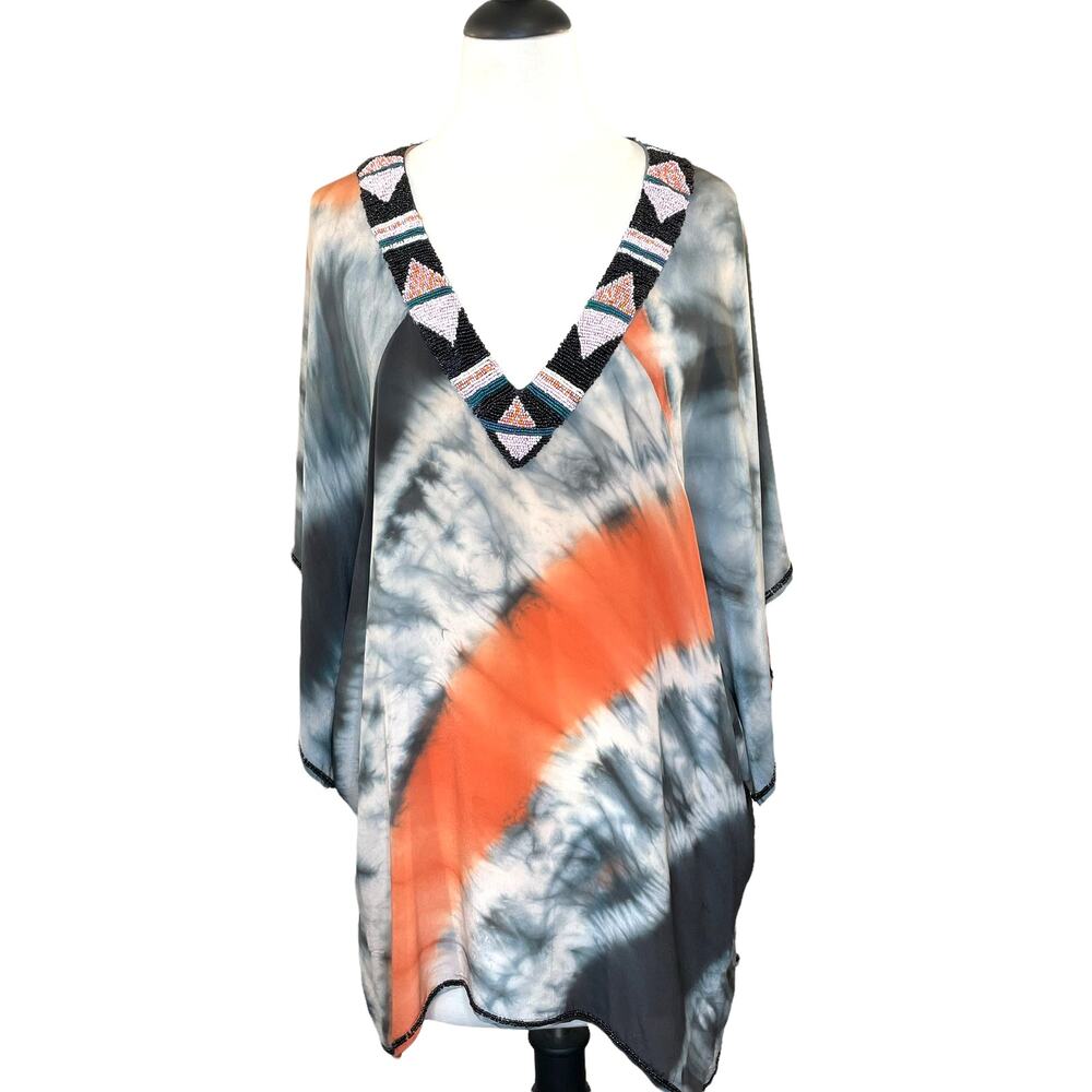 Chelsea Flower XS Tunic 100% Silk Beaded Oversized Top Resort Boho Quiet Luxury